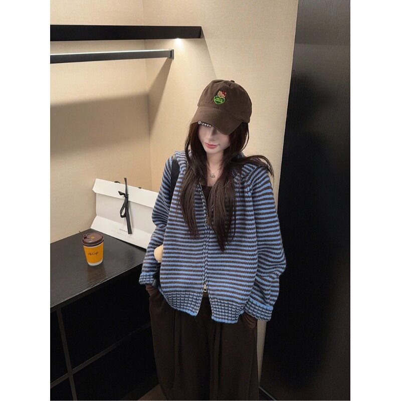 蓝色条纹连帽加厚毛衣外套女秋冬季设计感双拉链慵懒宽松针织开衫