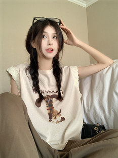 美式 女t恤夏2026年新款 宽松显瘦小众正肩小飞袖 上衣 复古印花短袖