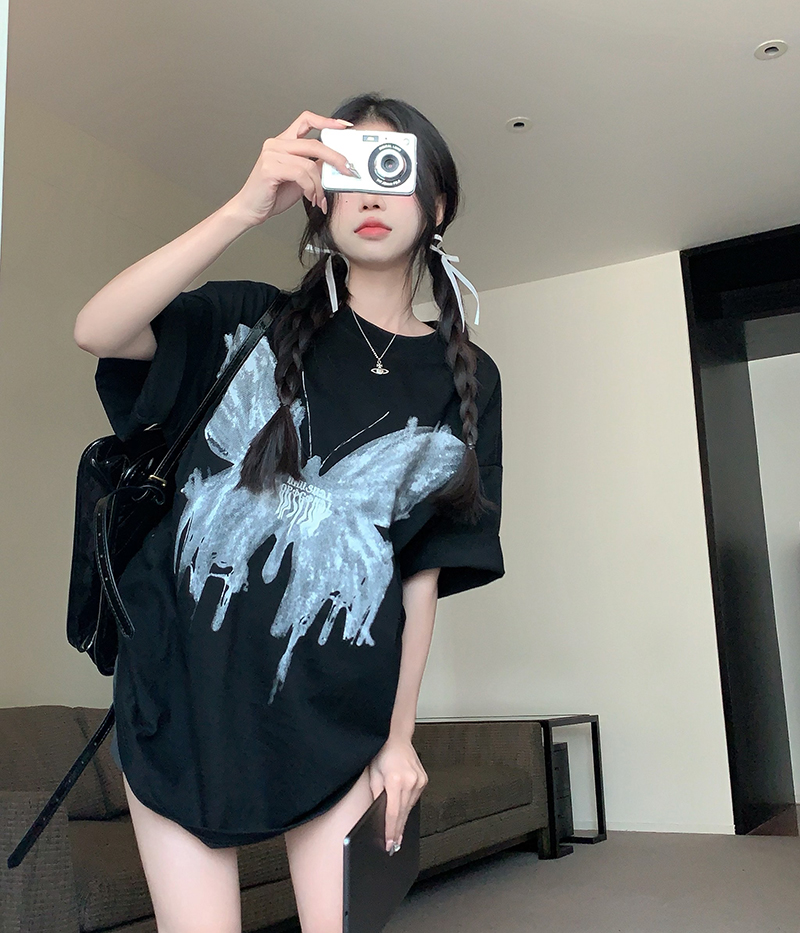 设计感小众蝴蝶印花短袖t恤女夏
