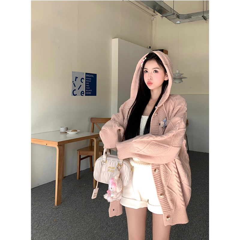 慵懒宽松连帽毛衣外套女2025秋冬休闲韩系少女风麻花针织开衫上衣