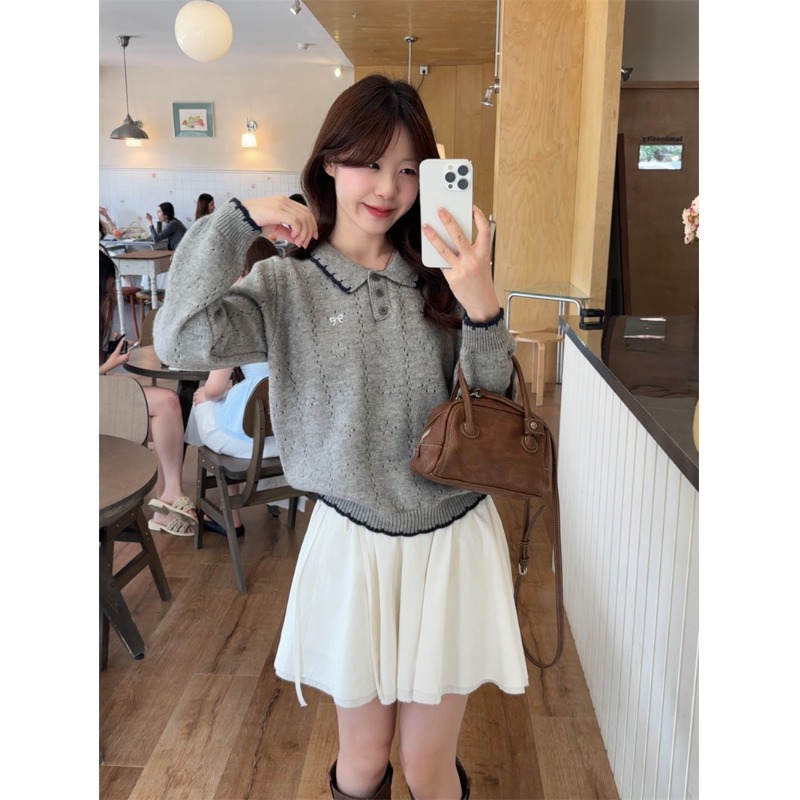 翻领蝴蝶结刺绣毛衣女秋冬装2025新款慵懒高级宽松韩系针织衫上衣