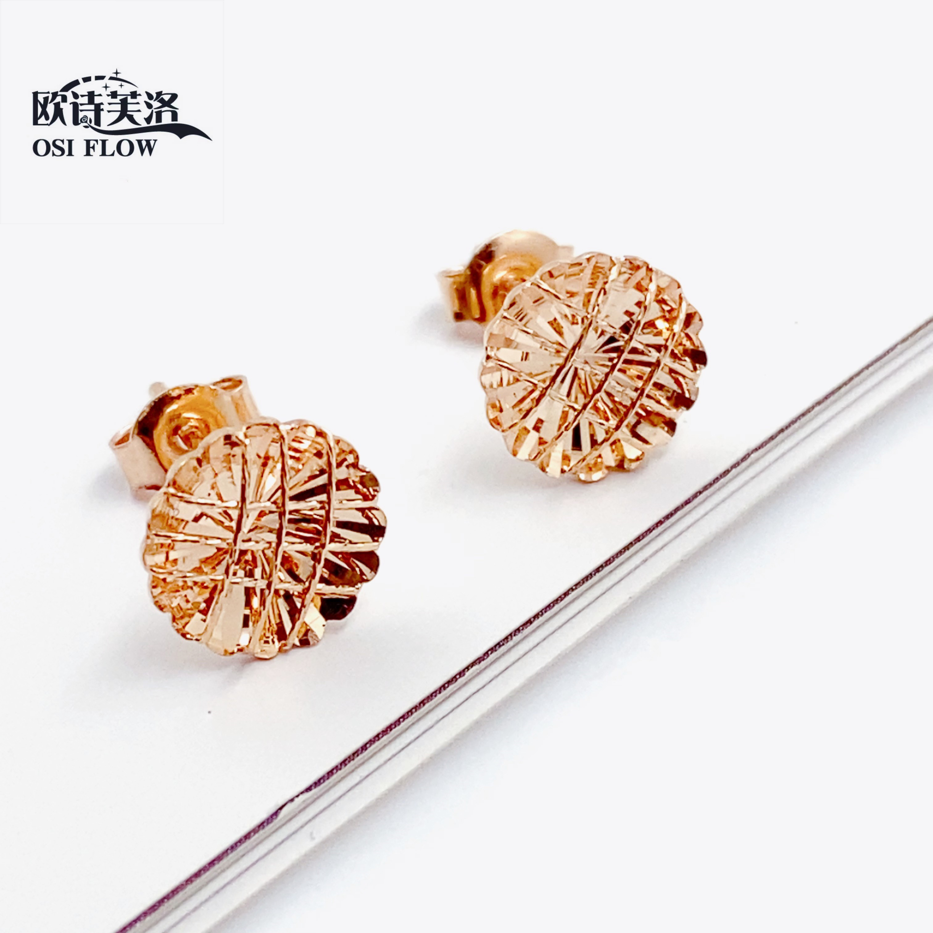 正品俄罗斯14K玫瑰金爆闪拉丝圆形耳钉女新款时尚闪亮紫金Au585