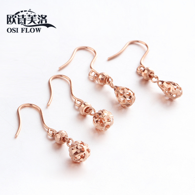 欧诗芙洛正品纯14K金俄罗斯Au585紫金耳钉环线女彩金玫瑰金小雨滴