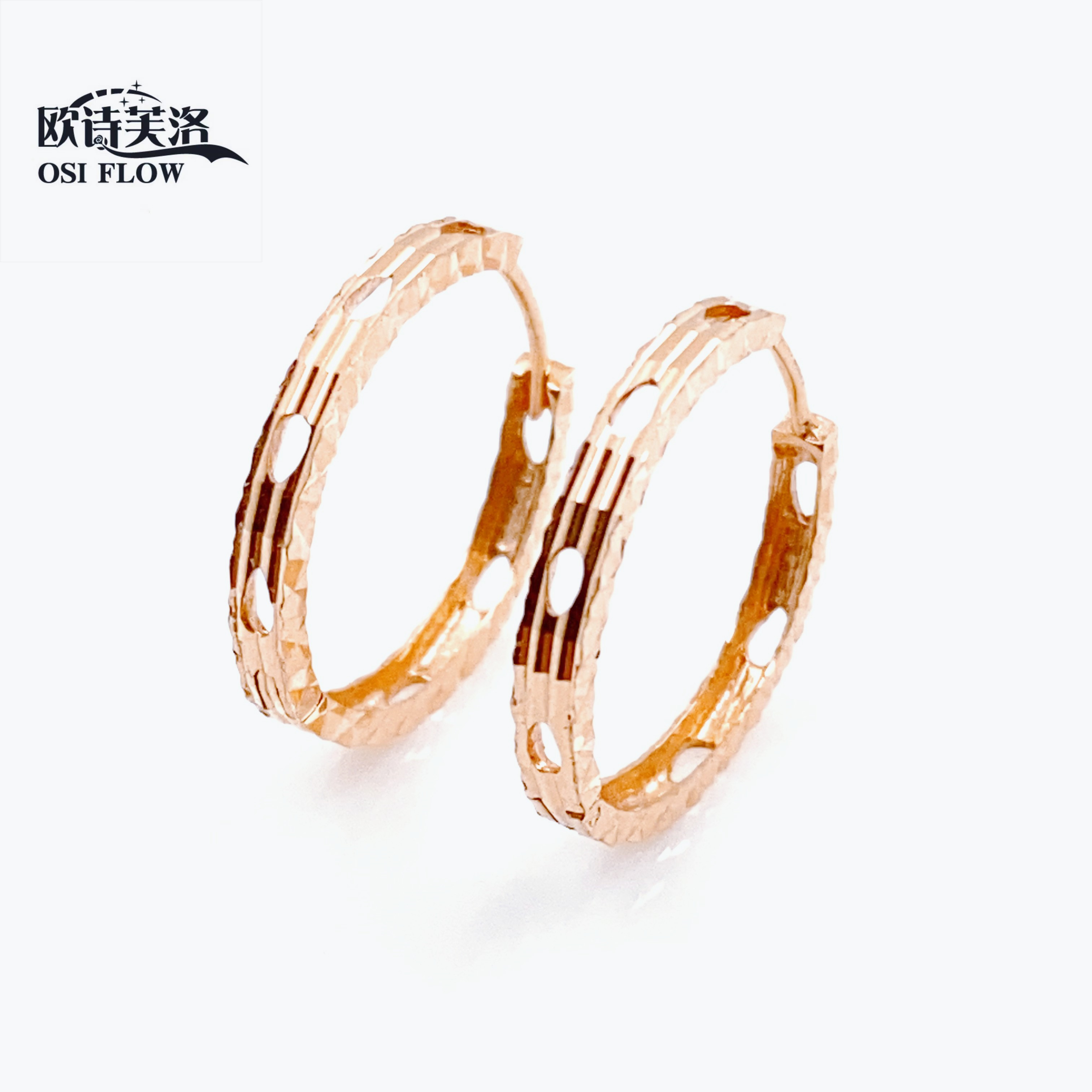 正品14K玫瑰金彩金耳环俄罗斯Au585紫金女气质镂空车花大耳环