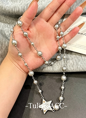 潮酷Y2K辣妹五角星灰珍珠项链女小众高级感叠戴锁骨链长款毛衣链