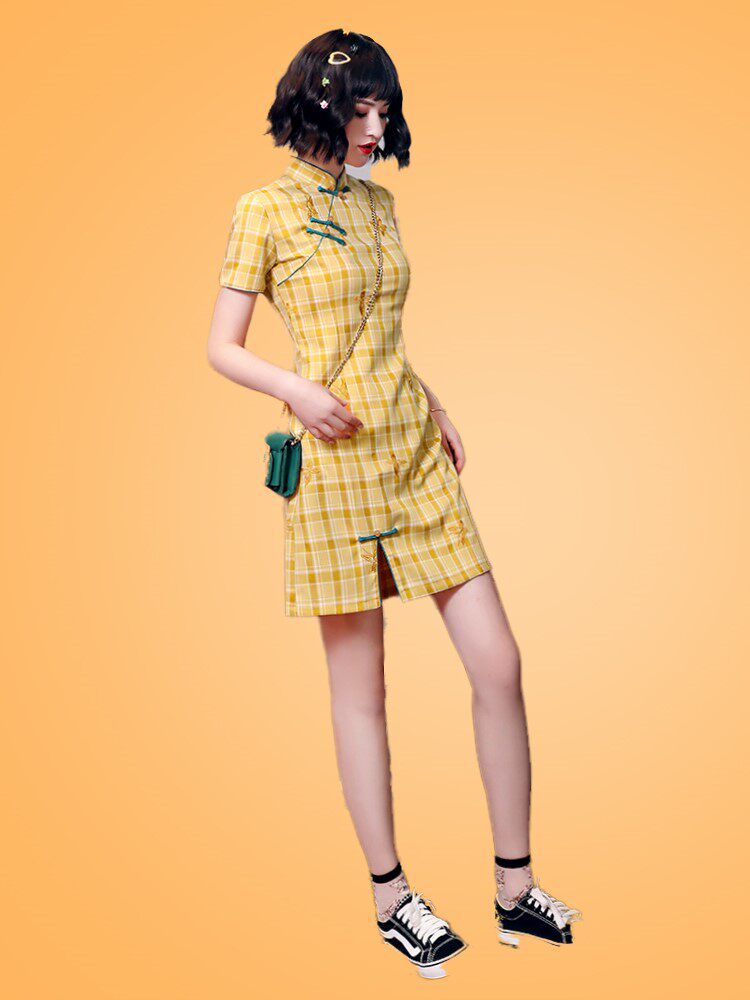 格子少女学生改良版短款旗袍