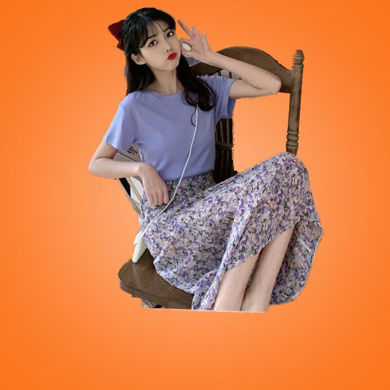 大码女夏装赫本胖mm显瘦轻熟气质半身连衣裙子两件套装洋气女神范