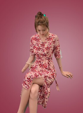 夏装2020v领长裙女法式新款版碎花色雪纺连衣裙改良旗袍茶歇气质