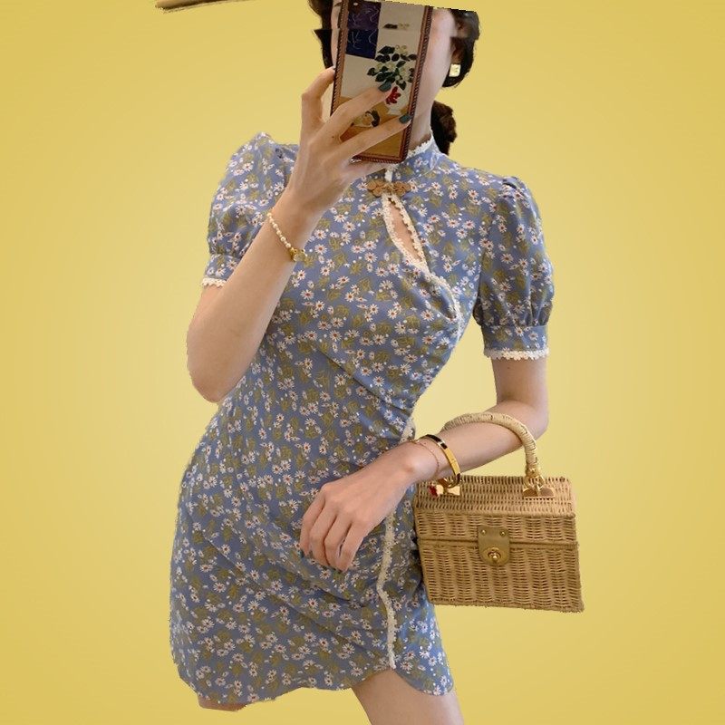 改良版旗袍连衣裙收腰显瘦长短款性感气质复古少女小雏菊碎花裙子