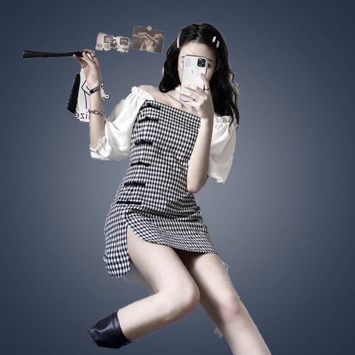 改良旗袍裙子版连衣裙女2020夏季新款设计感泡泡袖肩一字格子复古
