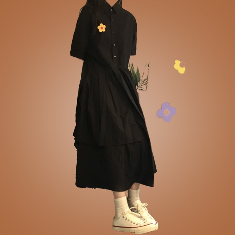 夏季泫雅风裙子ins超仙法式学生小黑裙长款森系仙女小香风连衣裙
