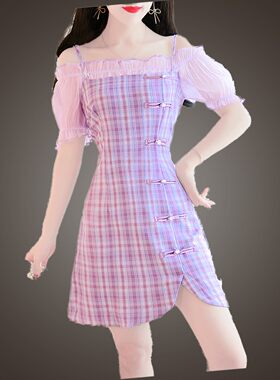 2020年新款一字旗袍版连衣裙年轻款仙女少女肩改良小个子裙子夏天