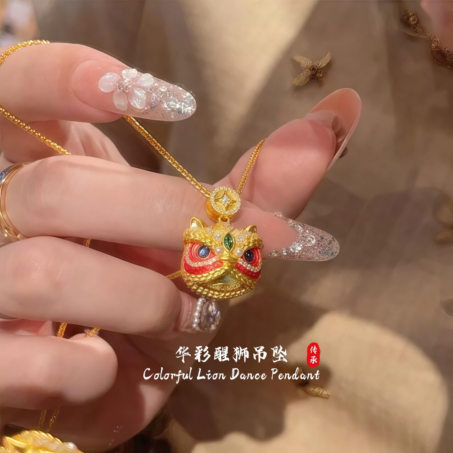 国风珐琅彩醒狮吊坠镶钻珍珠项链女轻奢小众高级感锁骨链沙金饰品