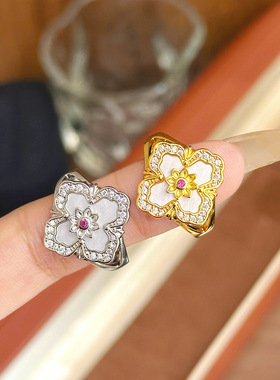 中古意大利布契风四叶草花窗戒指ins风法式复古轻奢贝母镶嵌戒指