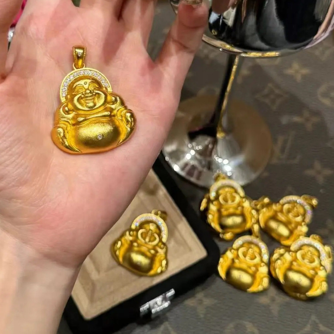 真金24K电镀强保色古法点钻大肚弥勒佛吊坠mini笑面佛项链配饰女