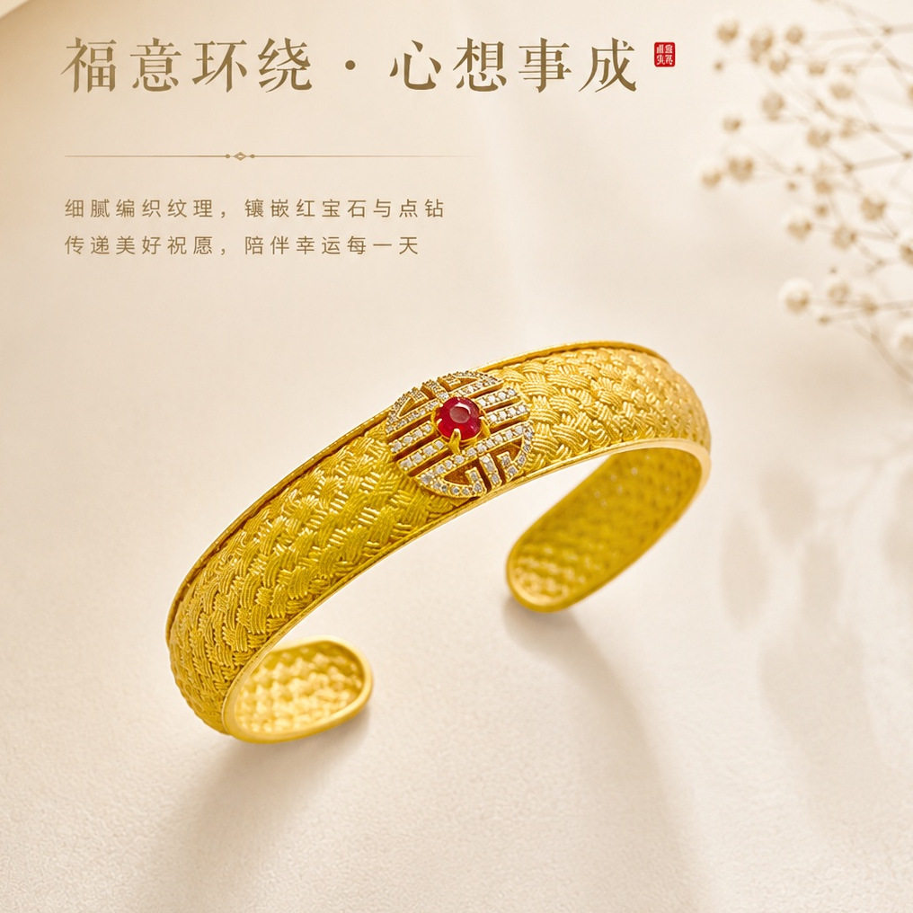新中式福寿编织开口手镯女复古宫廷肌理镶红锆镀金宽手环饰品批发