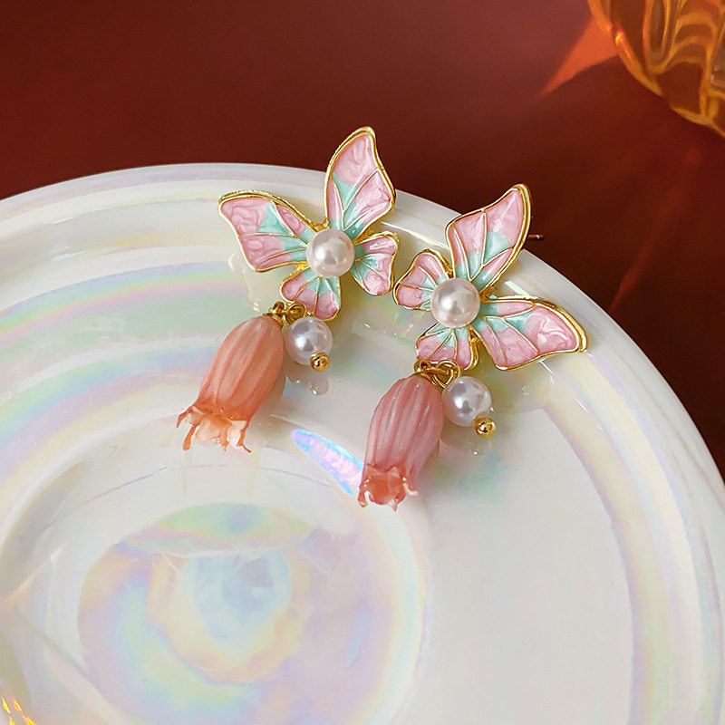 中古vintage风铃花耳环银针蝴蝶花朵滴油珍珠设计感耳坠复古气质