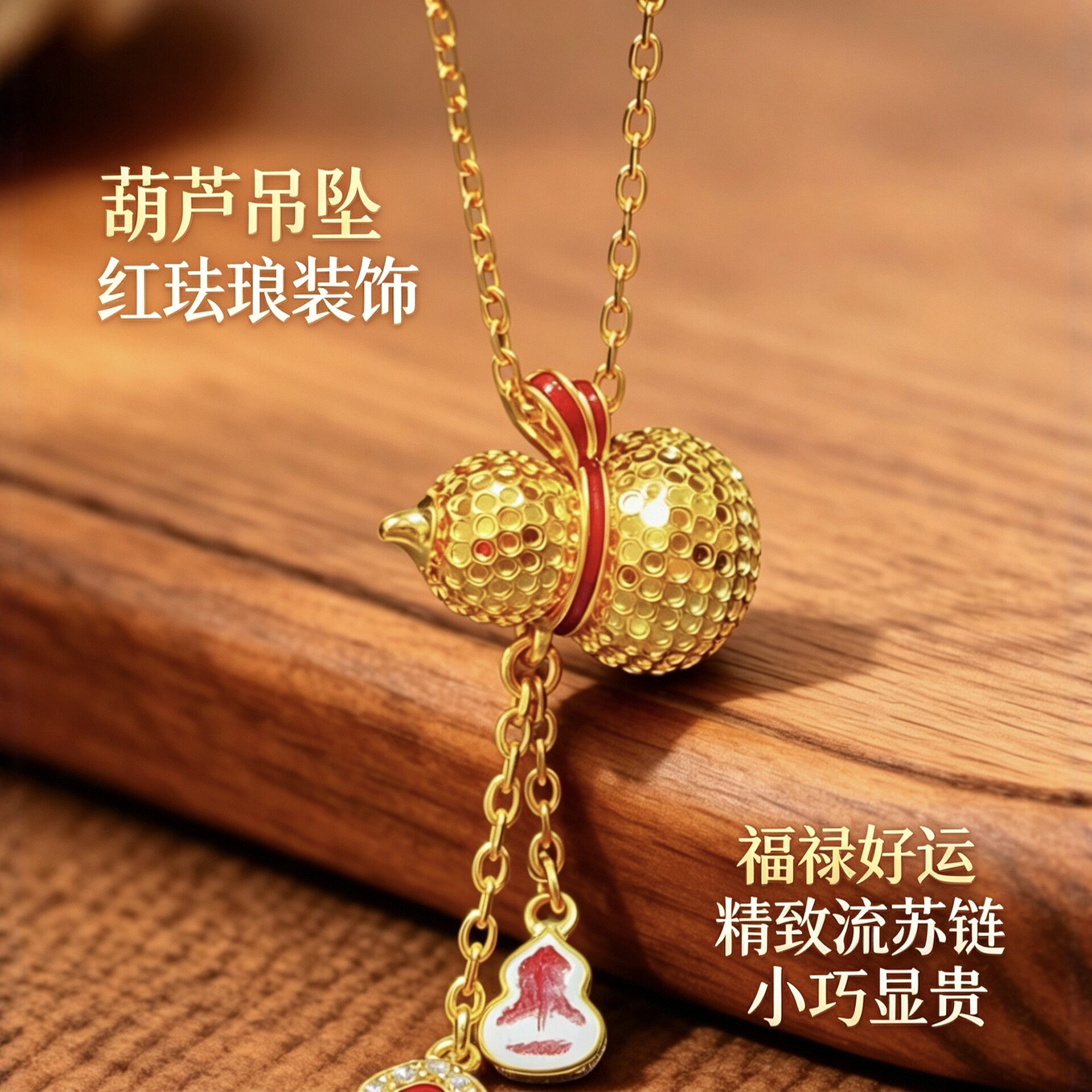 锤纹爆闪仿真黄金新中式鸿运葫芦福禄项链女款镀金个性坠链锁骨链