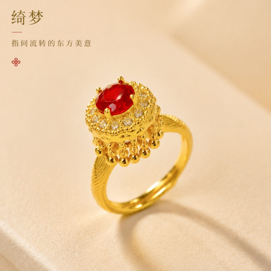 宫廷红锆石可旋转流苏小金珠戒指女国风镶钻镀金指环沙金饰品批发
