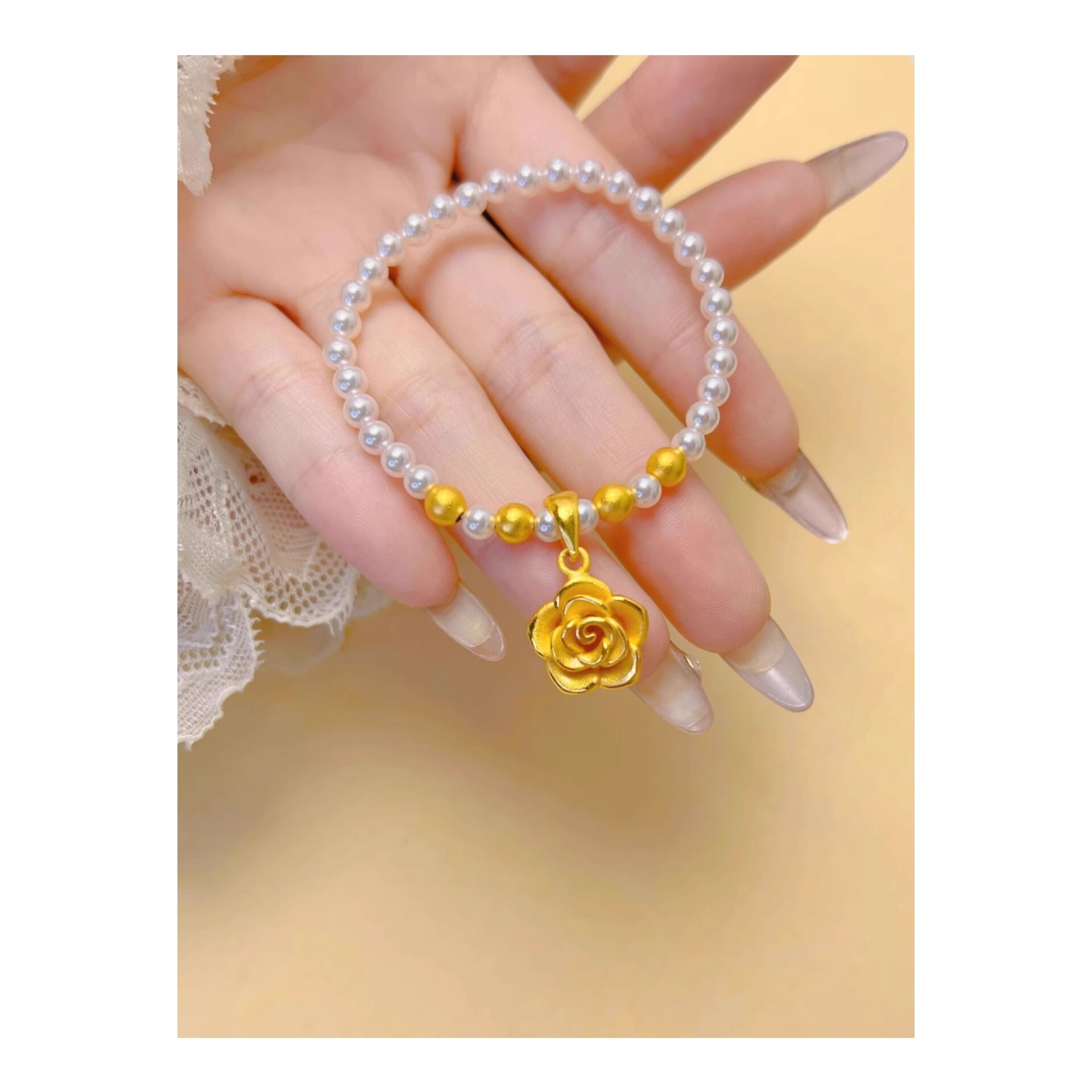 仿真黄金玫瑰花珍珠手链项链镀金饰品套装女款时尚轻奢首饰套装