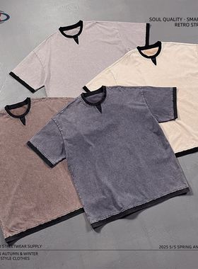 ARTIE男装丨潮牌新款250G撞色叠穿假两件蜡染洗水做旧宽松纯棉T恤