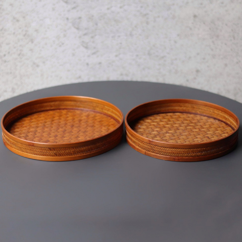 大漆竹编托盘圆形收纳筐中式奉茶
