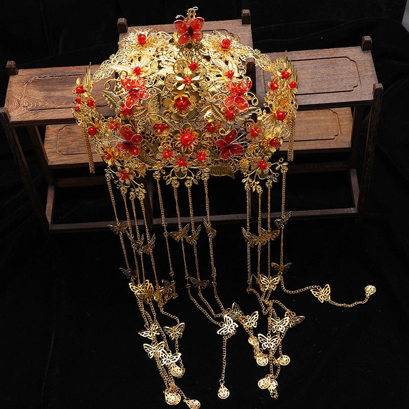 新娘头饰中式秀禾服头饰古金色发饰套装复古凤冠龙凤褂古代头饰