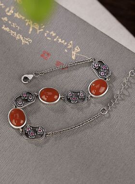 壹鹿银S925纯银南红复古做旧蛋面