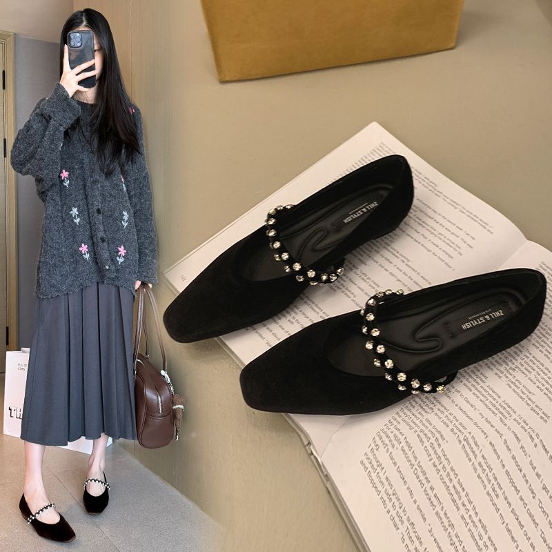 春季女鞋玛丽珍鞋女绒面一字带水