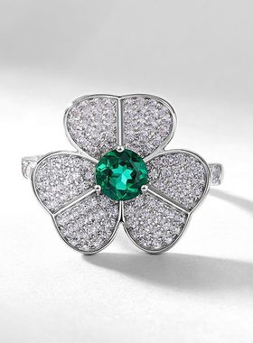 韩国简约三花朵祖母绿戒指女开口