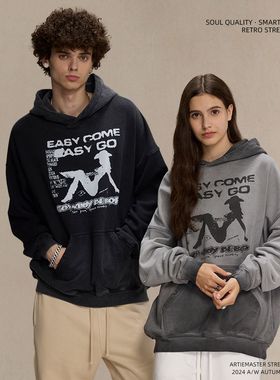 ARTIE男装|2025秋冬纯棉宽松印花连帽卫衣男欧美潮牌做旧洗水卫衣