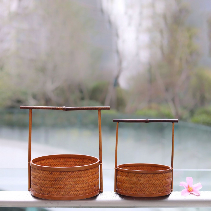 竹编篮紫竹直柄圆形筐大漆茶具收