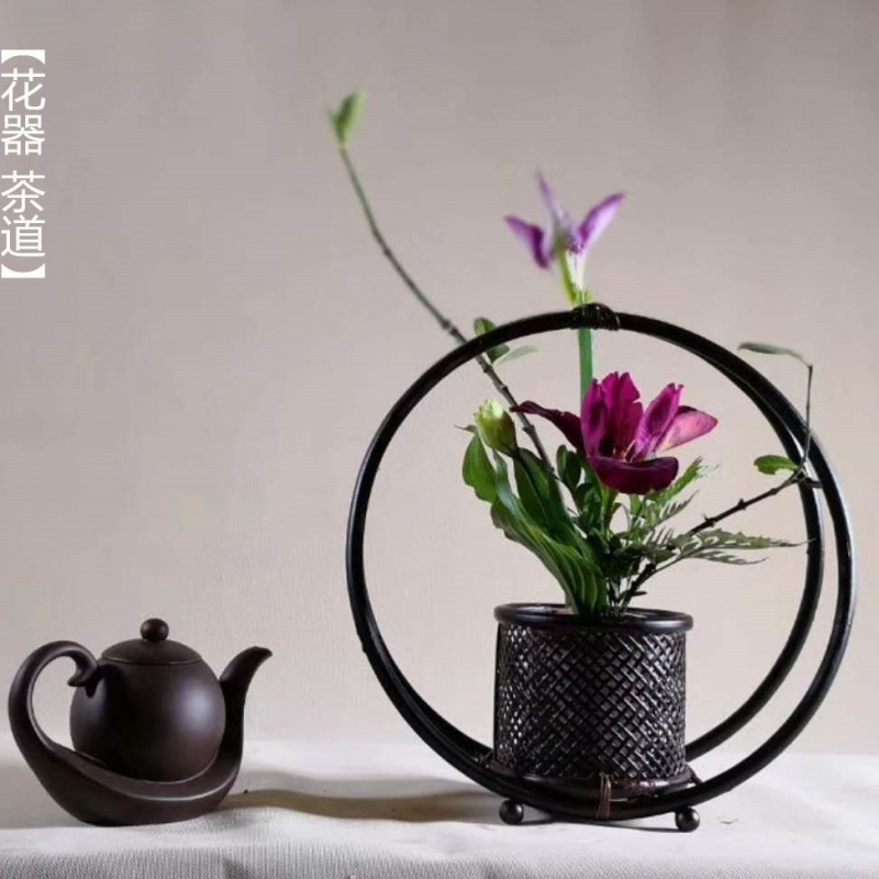 七月七圆月花器竹编花篮插花教学