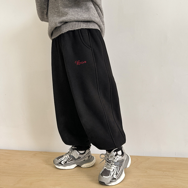 海妈家2024男童韩版运动裤加绒加厚长裤冬装新款儿童新年服女童潮