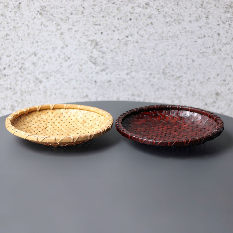 复古竹编茶点盘大漆竹编高脚果盘