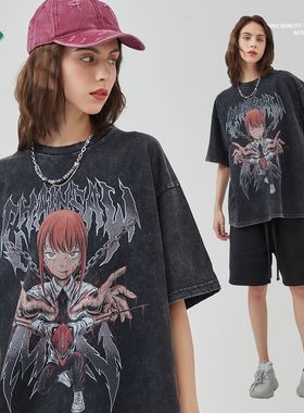 ARTIE男装丨磨边做旧电锯人动漫卡通印花T恤炒雪花复古短袖T恤