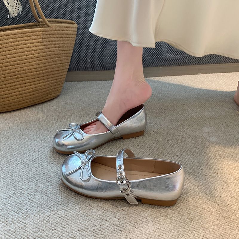 银色单鞋女平底浅口玛丽珍单鞋四