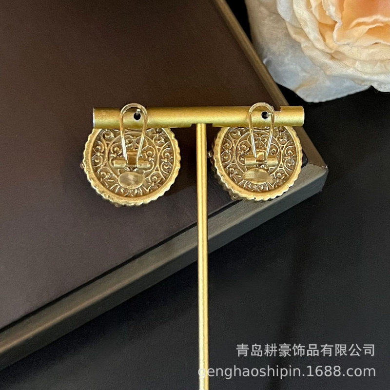 法式复古港风中国红天然石圆形耳拍气质金色麻花编织中古耳钉耳饰