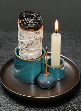 莫兰迪 窑变蓝色烛台是鼠尾草圣木托盘 北欧风格家居氛围摆件装饰