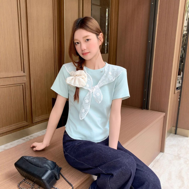 蕾丝披肩圆领短袖t恤女2025夏季新款设计感褶皱收腰显瘦短款上衣
