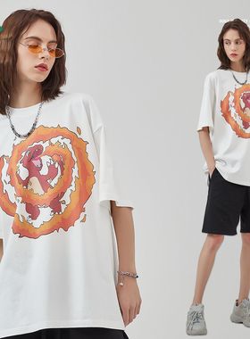 ARTIE男装丨洗水复古泛白印花短袖 动漫卡通火龙数码印花休闲T恤