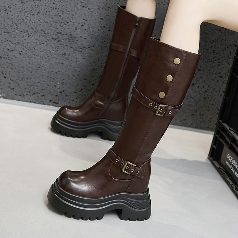 厚底加绒靴子女不过膝长筒靴2024