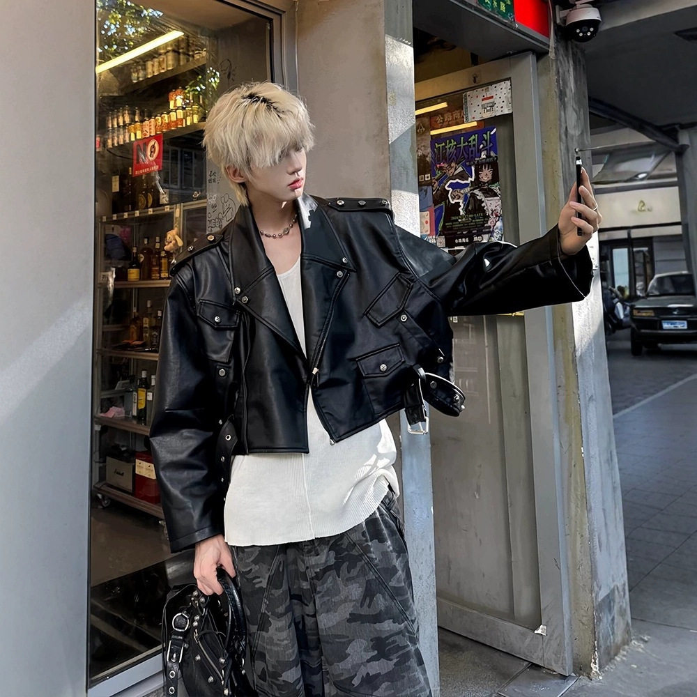 黑色重工机车pu皮衣外套短款男女2026春秋新款痞帅铆钉工装夹克潮