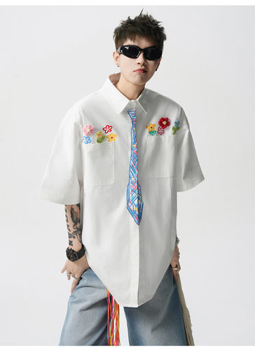 美式趣味印花白色短袖衬衫男2026情侣夏季宽松设计感潮牌半袖衬衣