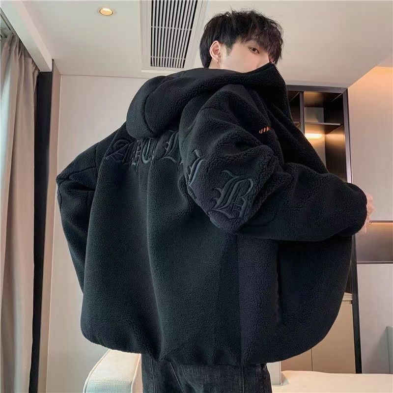羊羔绒外套男2026秋冬季新款加厚保暖棉服棉袄子潮牌撞色连帽棉衣