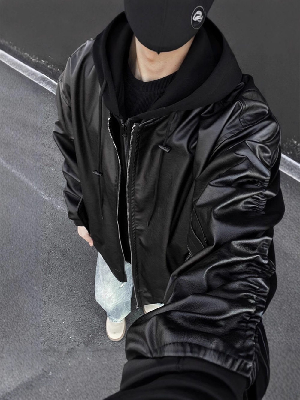 美式假两件pu皮夹克男装2026春秋高街痞帅潮流连帽棒球服上衣外套