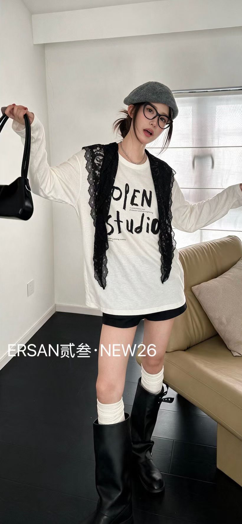 南油DIESEG欧洲站026秋款欧韩字母带披肩宽松减龄显瘦长袖上衣女