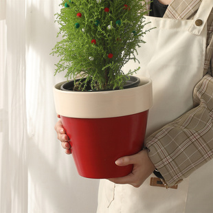简约圣诞节陶土花盆 红搭白ins风小香松绿植客厅桌面装饰陶瓷花盆