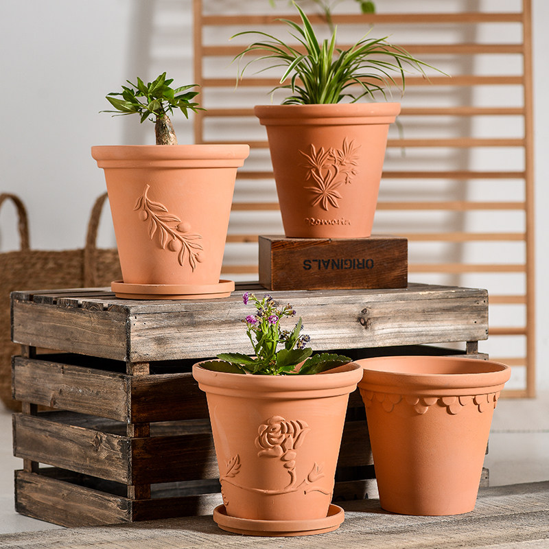 特价浮雕红陶透气花盆复古大口径