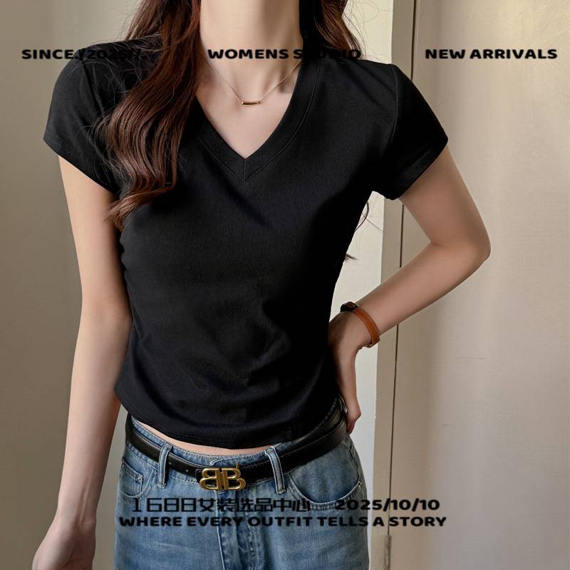 广州惠本服饰春夏季正肩领短袖恤女韩版纯色收腰显瘦褶皱内搭打底